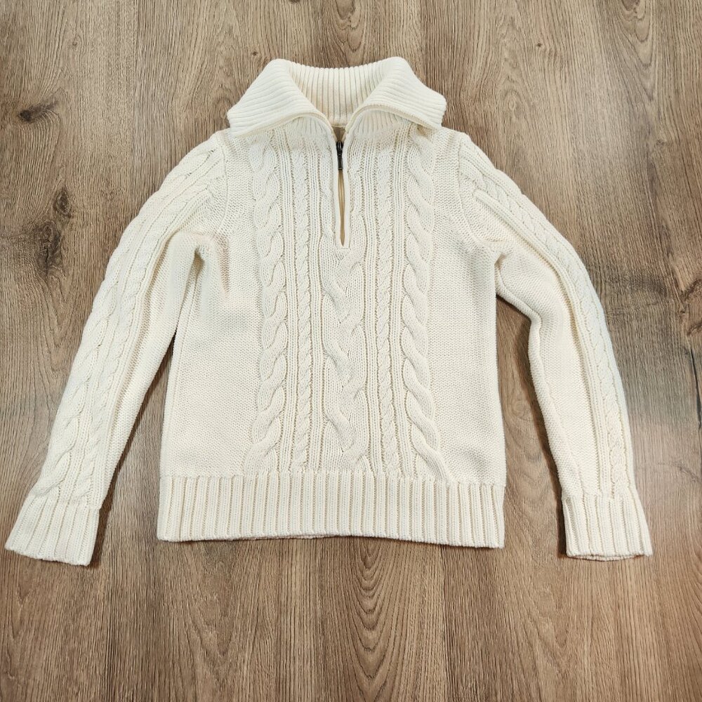 L.L. Bean Cream Double L Cable Knit Quarter Zip Sweater